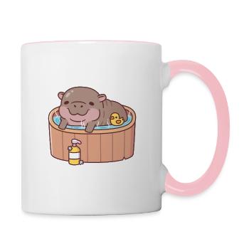 Süßes Zwerg-Nilpferd und Ente Entspannen Im Heißen Bad - Tasse zweifarbig - Weiß/Pink - Rechts