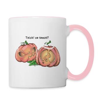 Zwei süße Kürbisse, die Trick sagen! Oder Leckerli? - Tasse zweifarbig - Weiß/Pink - Rechts