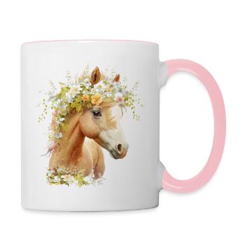 Niedliches Pferd mit Blumen - Tasse zweifarbig - Weiß/Pink - Rechts