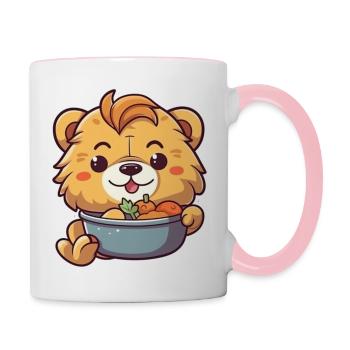 Adorable cartoon lion enjoying a meal 🦁 - Contrasting Mug - white/pink - Right