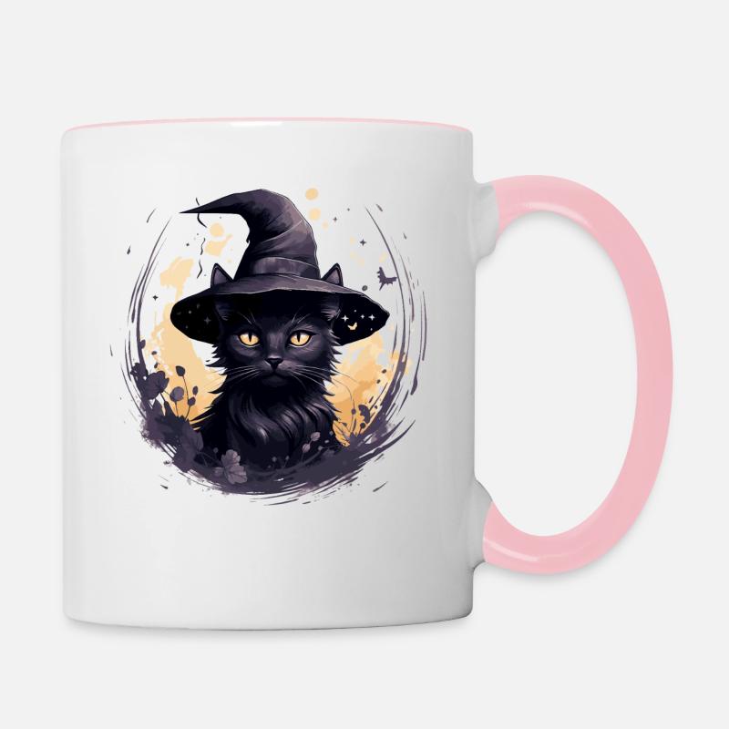 Chat noir avec chapeau de sorcière - Mug contrasté - blanc/rose