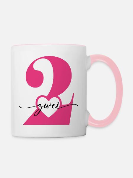 Ziffer Zwei 2 mit Herz - Tasse zweifarbig - Weiß/Pink