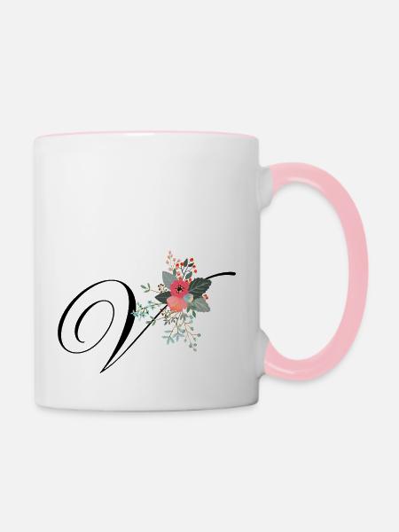Buchstabe v Blumen - Tasse zweifarbig - Weiß/Pink