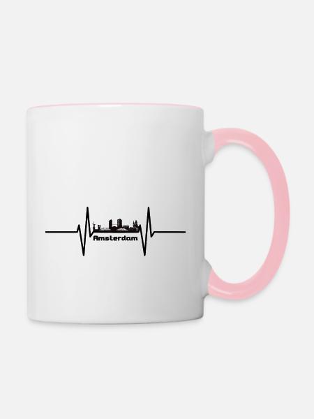 Herzschlag mit Skyline Amsterdam - Tasse zweifarbig - Weiß/Pink