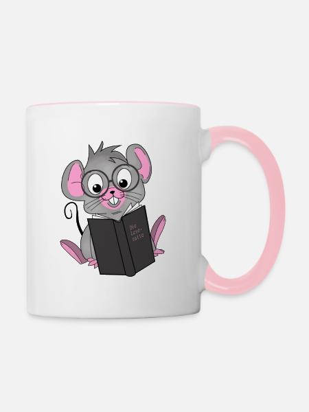 Leseratte, Buch, Maus - Tasse zweifarbig - Weiß/Pink