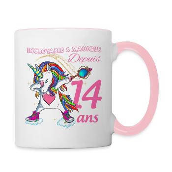 Incroyable et Magique Depuis 14 ans Licorne - Mug contrasté - blanc/rose - Droite