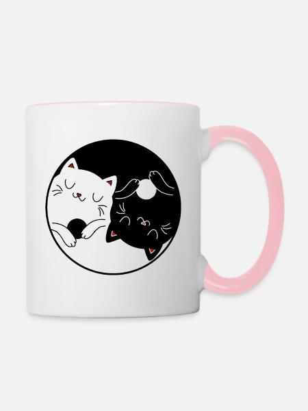 Chats Yin & Yang - Zen Yoga Cat Repos Soleil - Mug contrasté - blanc/rose