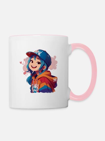 Asiatisches Mädchen im Kapuzenpullover - Tasse zweifarbig - Weiß/Pink