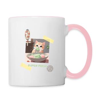 Chat câlin et adorable mangeant Mochi Japon Kawaii - Mug contrasté - blanc/rose - Droite