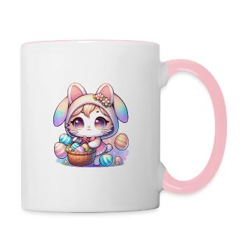 Un chaton avec une tenue de lapin livrant des œufs de Pâques - Mug contrasté - blanc/rose - Droite