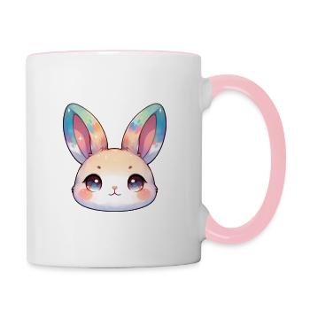Visage mignon de lapin chibi avec des oreilles de couleur humide - Mug contrasté - blanc/rose - Droite