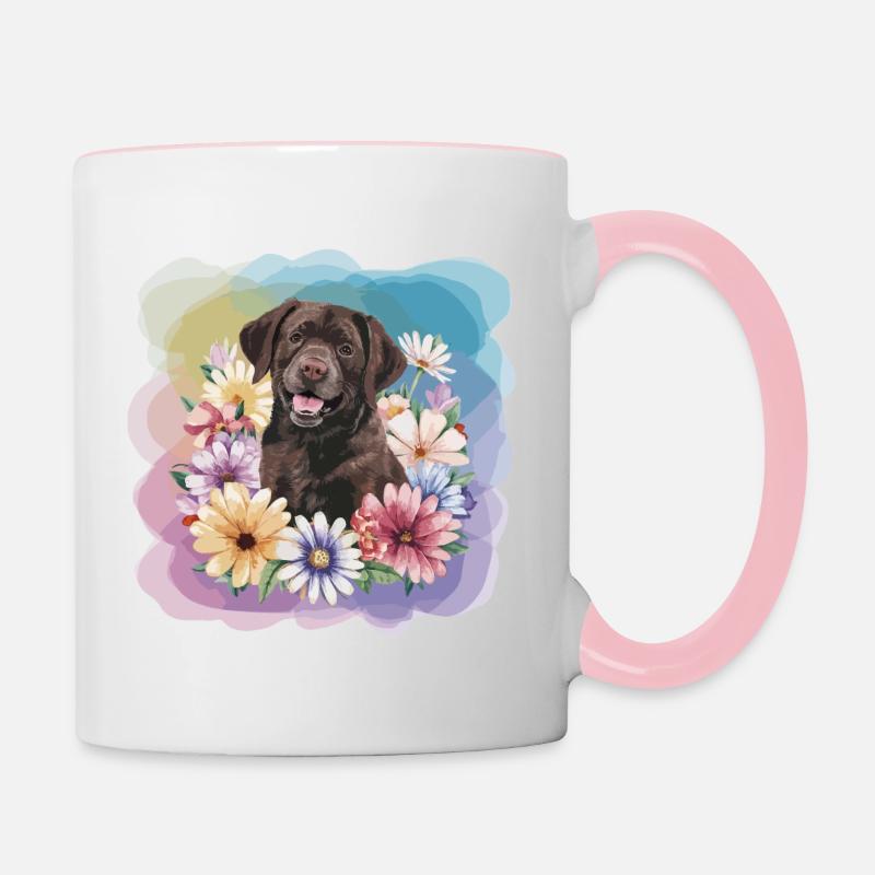 Brauner Labrador mit Blumen - Tasse zweifarbig - Weiß/Pink