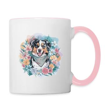 Australian Shepherd with Flowers - Contrasting Mug - white/pink - Right