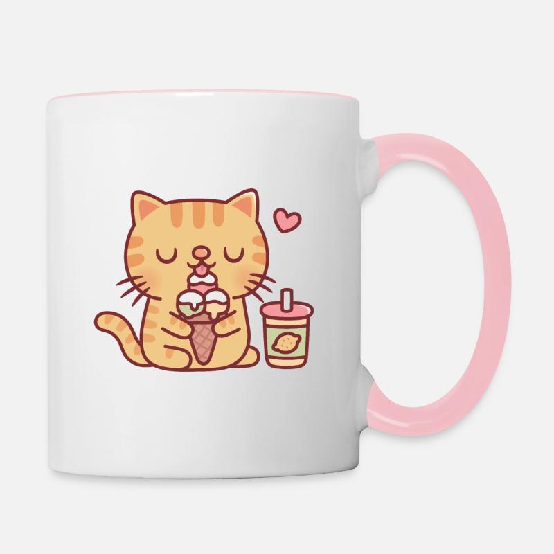 Cute Tabby Cat Loves Eating Ice Cream - Contrasting Mug - white/pink
