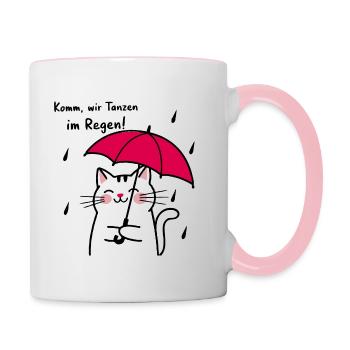 Niedliche Katze mit Regenschirm - Tasse zweifarbig - Weiß/Pink - Rechts