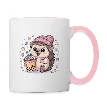 Kawaii Igel: Süßer Bubble Tea Fan - Tasse zweifarbig - Weiß/Pink - Rechts