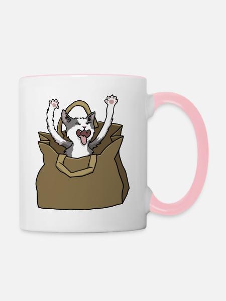 Katze in Papiertüte - Tasse zweifarbig - Weiß/Pink