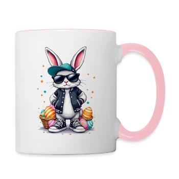 Lapin élégant avec panier de Pâques - Mug contrasté - blanc/rose - Droite
