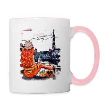 Hamburg skyline with woman in autumn look - Contrasting Mug - white/pink - Right