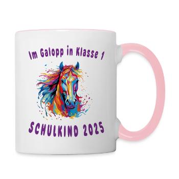 Einschulung 2025 - Pferd - Im Galopp in Klasse 1 - Tasse zweifarbig - Weiß/Pink - Rechts