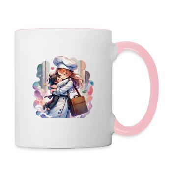 Une mère cuisinière donne à son enfant un câlin confortable - Mug contrasté - blanc/rose - Droite