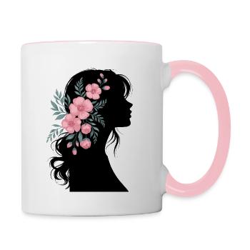 Elegant woman silhouette with flowers in hair - Contrasting Mug - white/pink - Right
