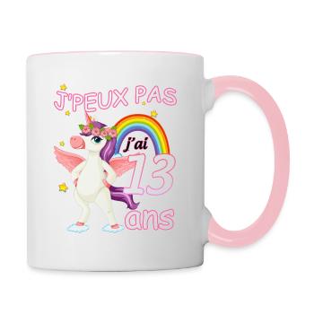 Licorne arc en ciel fille 13 ans - Mug contrasté - blanc/rose - Droite