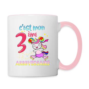 Anniversaire 3 Ans Licorne Pour Petite Fille - Mug contrasté - blanc/rose - Droite