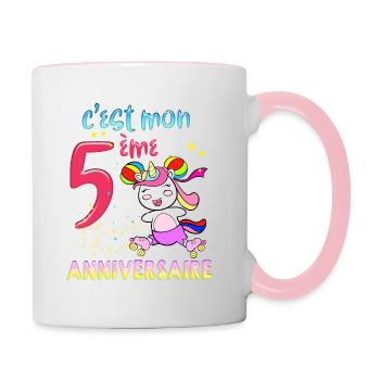 Birthday Little Girl 5 Year Old Unicorn Stars - Contrasting Mug - white/pink - Right