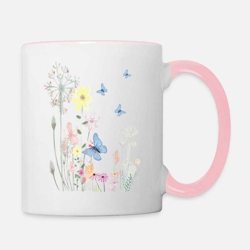 Pré de fleurs avec papillons - Mug contrasté - blanc/rose