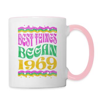 Shirt zum 55. Geburtstag: best things began 1969 - Tasse zweifarbig - Weiß/Pink - Rechts