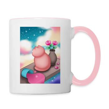 Katze und Sterne - Tasse zweifarbig - Weiß/Pink - Rechts