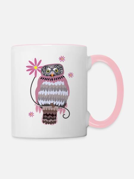 Eule mit Blumen - Tasse zweifarbig - Weiß/Pink