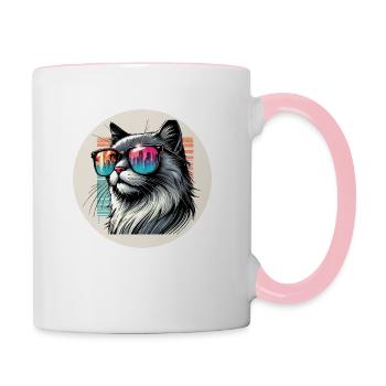 Neon cat in sunset - Contrasting Mug - white/pink - Right