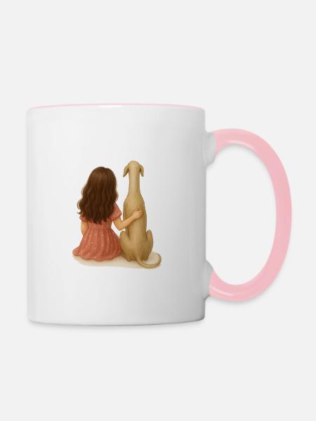 Kleines Mädchen mit Windhund – Aquarell - Tasse zweifarbig - Weiß/Pink