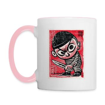 Bande dessinée gangster sur timbre-poste - Mug contrasté - blanc/rose - Gauche