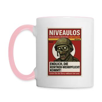 Satire Magazin mit Zombie Soldat und Schlagzeile - Tasse zweifarbig - Weiß/Pink - Links