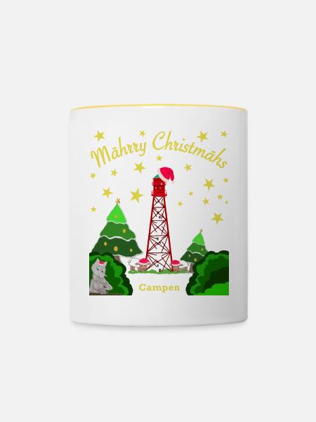 Weihnachten, Leuchtturm Campen, Kultiger Wolf - Tasse zweifarbig - Weiß/Gelb