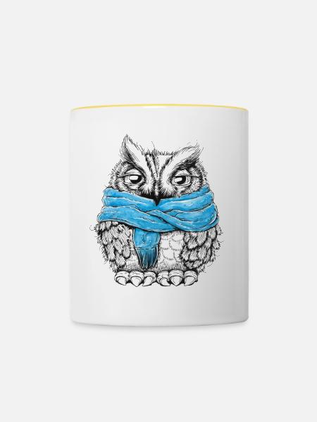 Eule mit Schal - Tasse zweifarbig - Weiß/Gelb