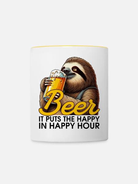Happy Hour Bier Faultier Geschenk - Tasse zweifarbig - Weiß/Gelb