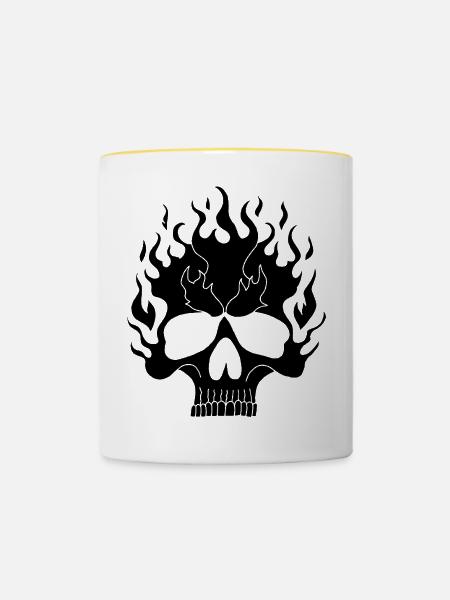 Schwarzer flammender Schädel - Tasse zweifarbig - Weiß/Gelb