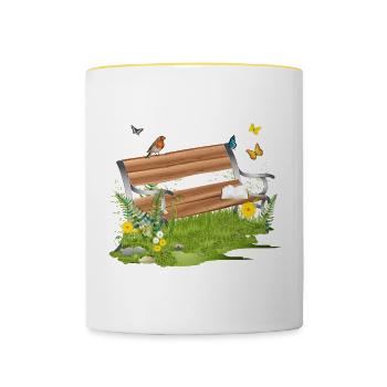 schöne Sitzbank am Waldrand lädt zum verweilen ein - Tasse zweifarbig - Weiß/Gelb - Vorne