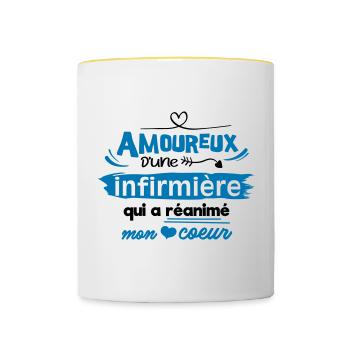 Amoureux d'une infirmière ! humour - Mug contrasté - blanc/jaune - Devant