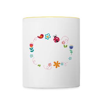 Runder Rahmen mit Blumen Marienkäfer und Vogel - Tasse zweifarbig - Weiß/Gelb - Vorne