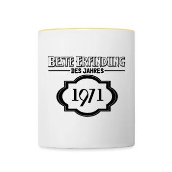 Beste Erfindung des Jahres 1971 Geschenk - Tasse zweifarbig - Weiß/Gelb - Vorne