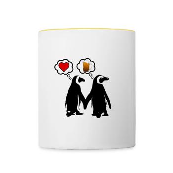 Mann & Frau Pinguin Humor, lustig, Geschenk - Tasse zweifarbig - Weiß/Gelb - Vorne