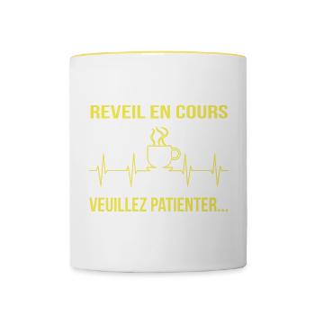 Réveil en cours, veuillez patienter Message humour - Mug contrasté - blanc/jaune - Devant
