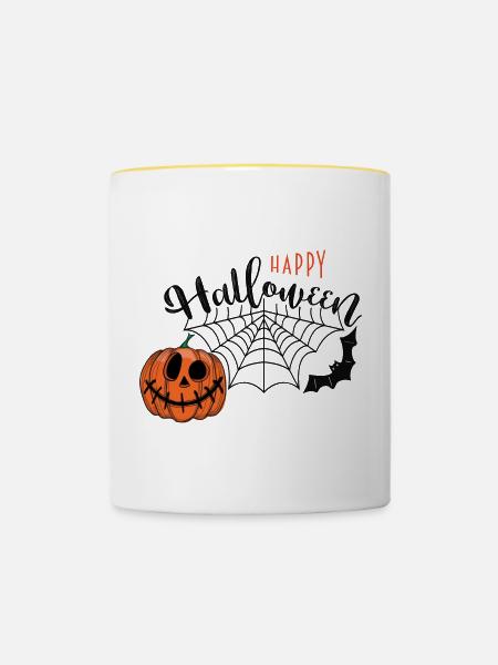 Halloween Kürbis mit Spinnennetz - Tasse zweifarbig - Weiß/Gelb