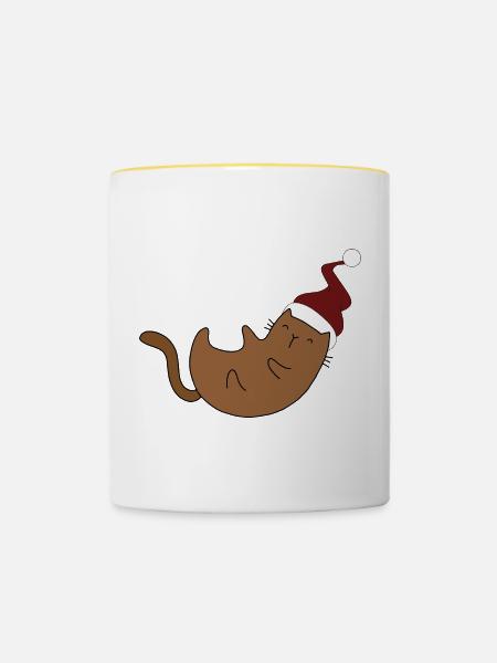Weihnachten mit lustiger Katze - Tasse zweifarbig - Weiß/Gelb