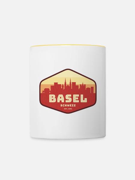 Basel Skyline Retro Abzeichen - Tasse zweifarbig - Weiß/Gelb
